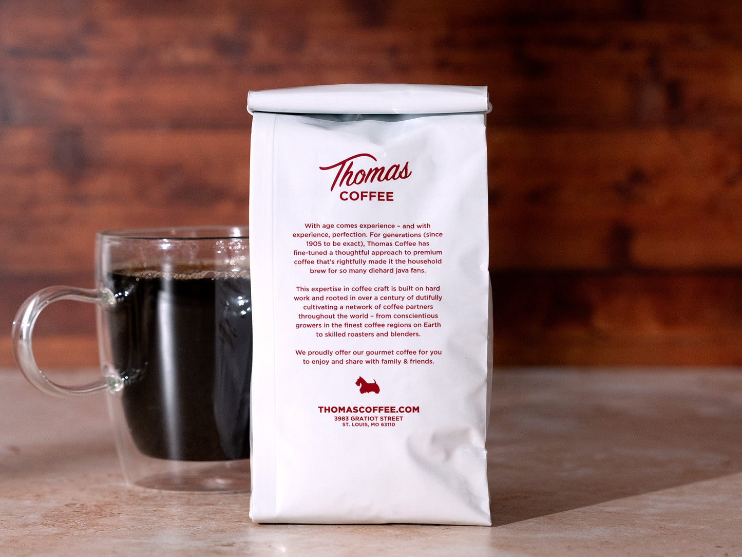 Thomas Coffee 12 oz Product Photo - Back of Bag Company Story