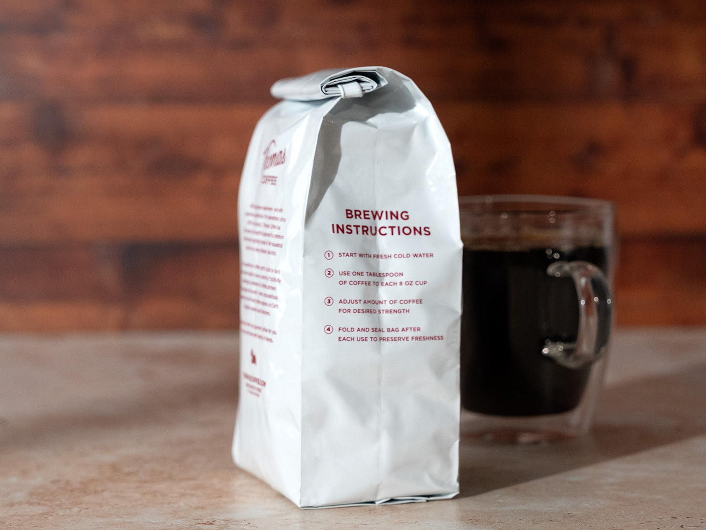 Thomas Coffee 12 oz Product Photo - Brewing Instructions Side of Bag