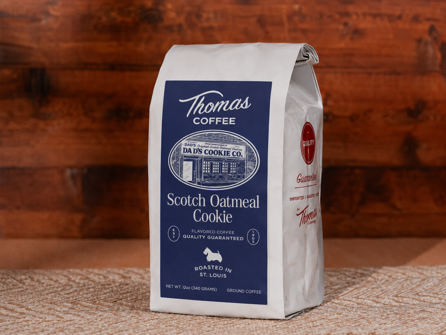 bag of Thomas Coffee Scotch Oatmeal Cookie blend on a white bag