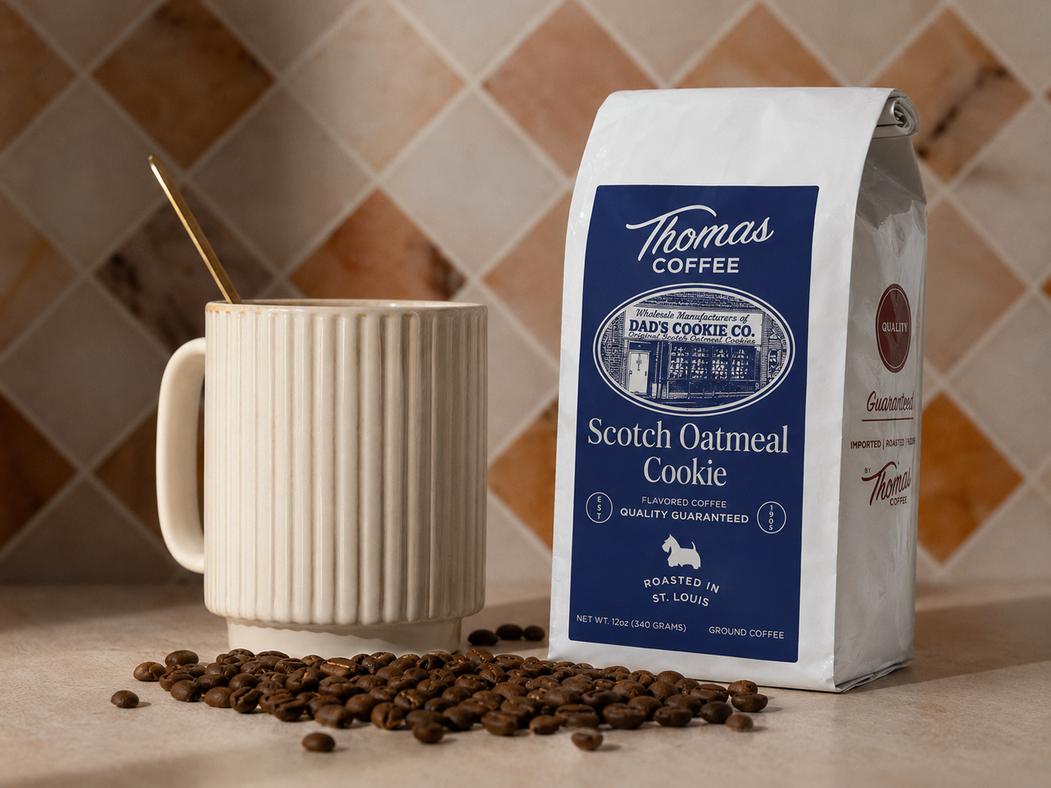 Bag of Thomas Coffee Scotch Oatmeal Cookie blend with coffee beans and mug.