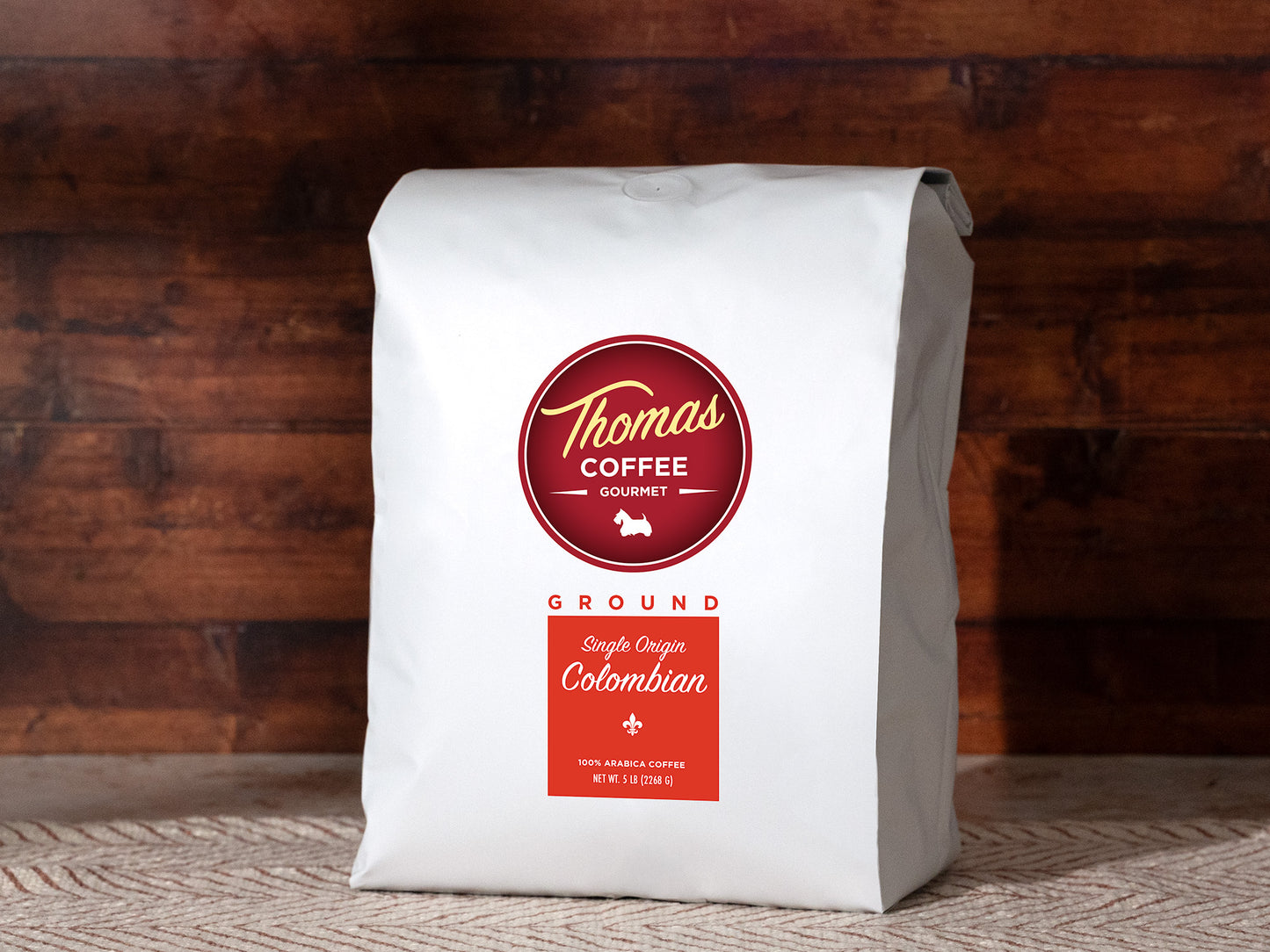 Thomas Coffee 5lb Ground Colombian Product Photo - Front of Bag

