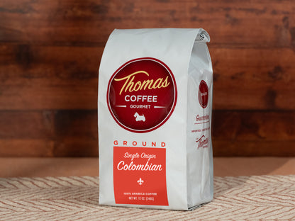Thomas Coffee 12 oz Ground Colombian Product Photo - Front of Bag