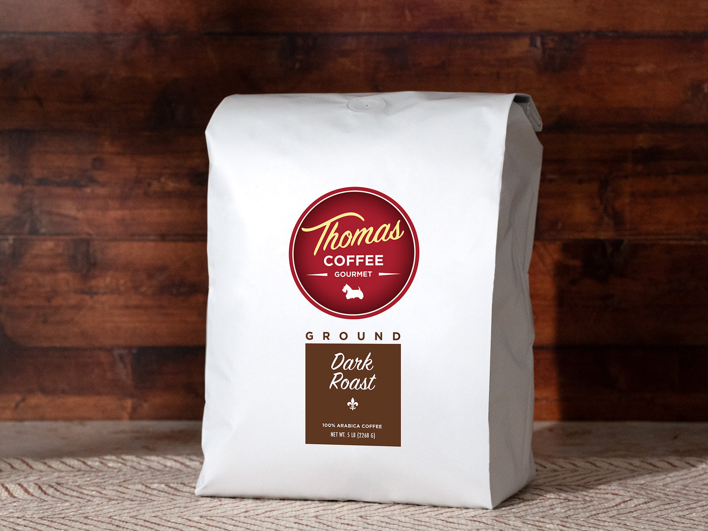 Thomas Coffee 5lb Ground Dark Roast Product Photo - Front of Bag