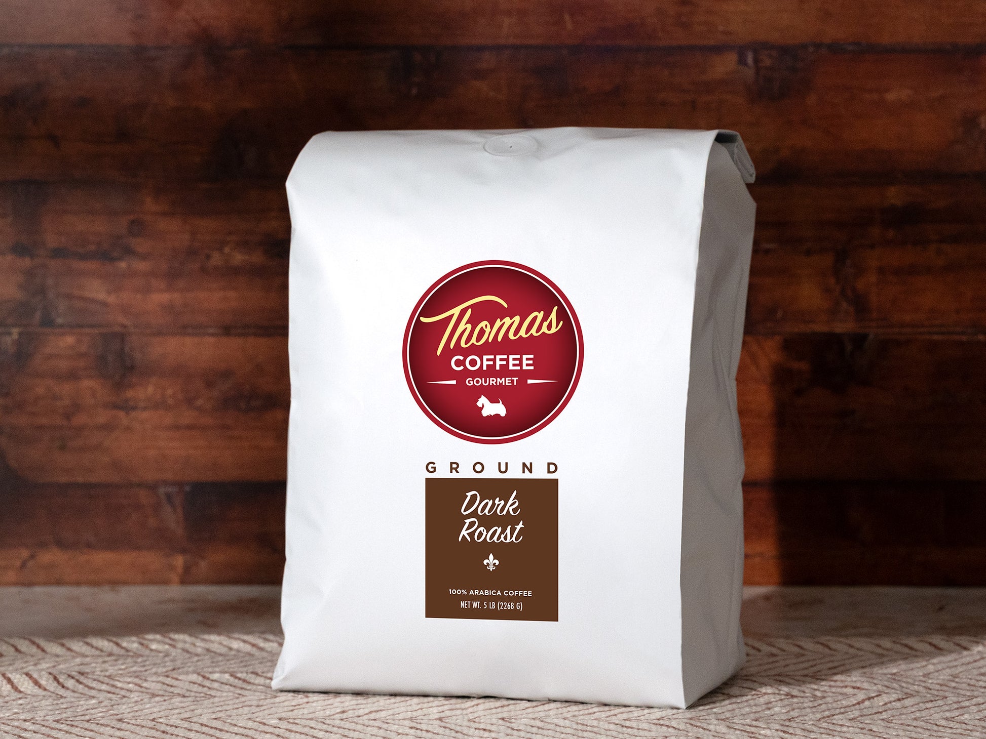 Thomas Coffee 5lb Ground Dark Roast Product Photo - Front of Bag
