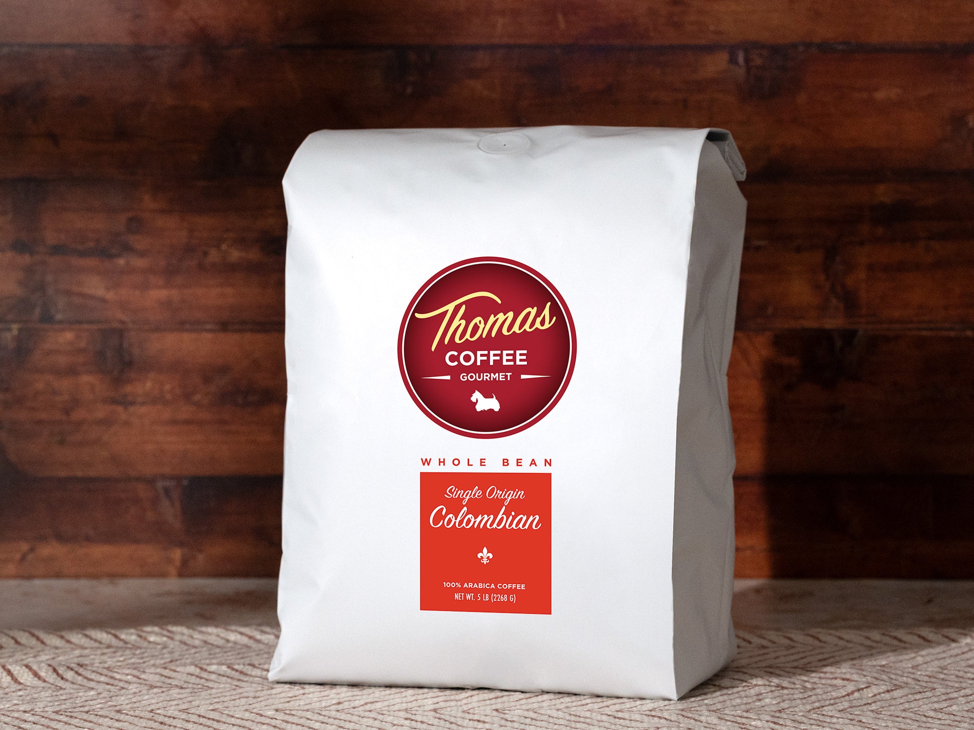 Thomas Coffee 5lb Whole Bean Colombian Product Photo - Front of Bag

