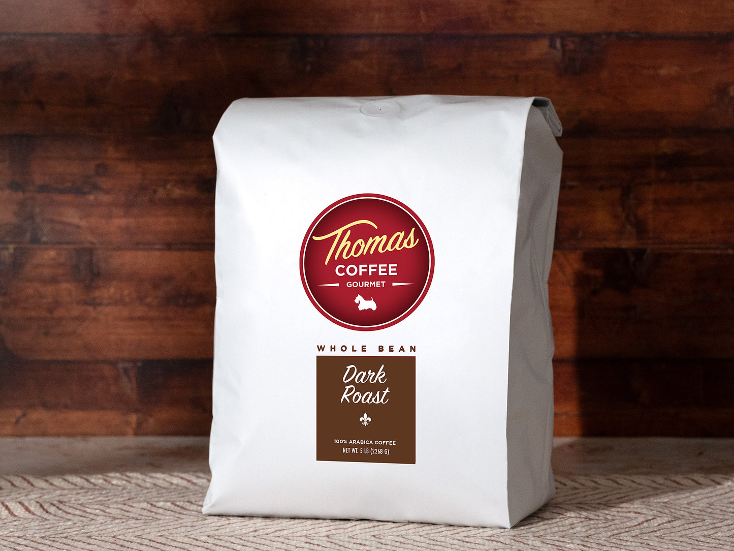 Thomas Coffee 5lb Whole Bean Dark Roast Product Photo - Front of Bag