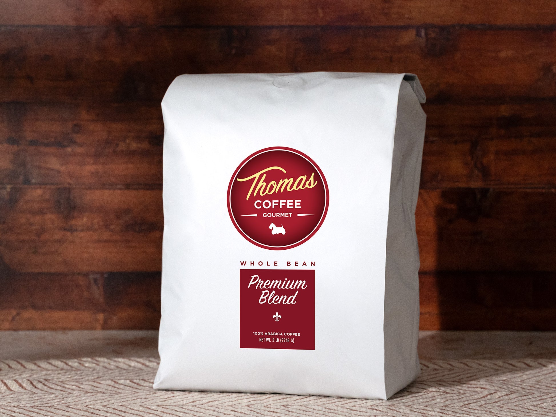 Thomas Coffee 5lb Whole Bean Premium Blend Product Photo - Front of Bag